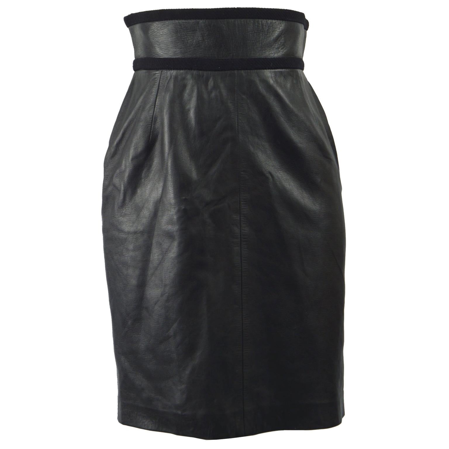 Loewe 1980s Black Leather Ultra High Waist Women's Vintage Pencil Skirt For Sale