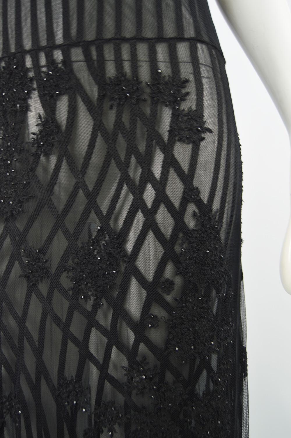 Black Loewe 1997 Vintage Sheer Embroidered & Beaded Silk Fine Tulle Evening Dress For Sale