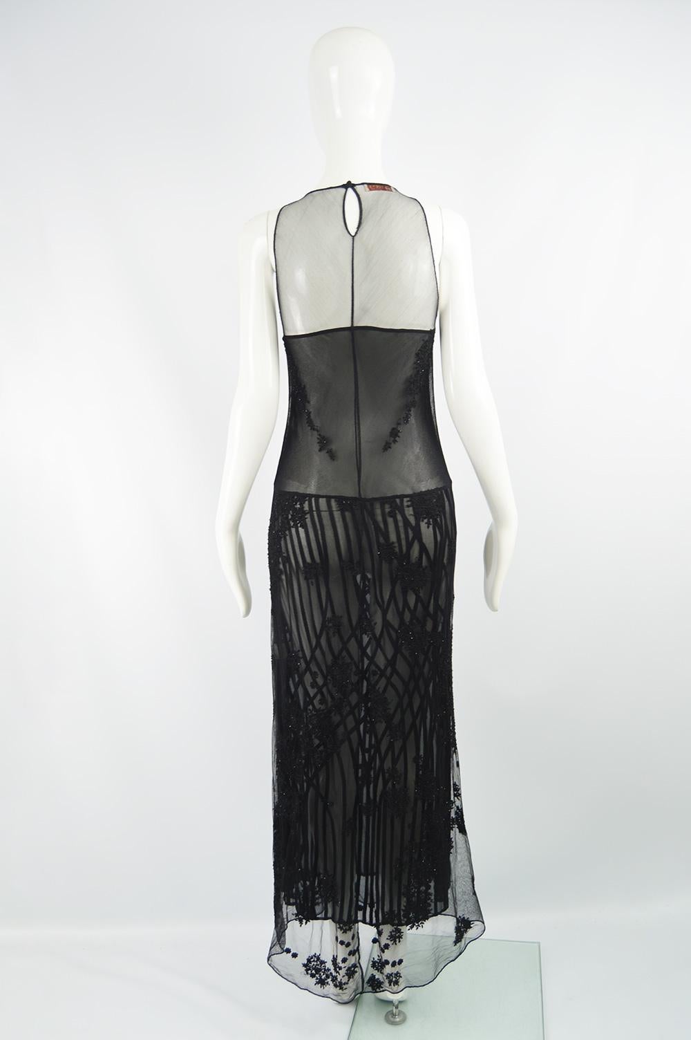 Loewe 1997 Vintage Sheer Embroidered & Beaded Silk Fine Tulle Evening Dress In Excellent Condition For Sale In Doncaster, South Yorkshire