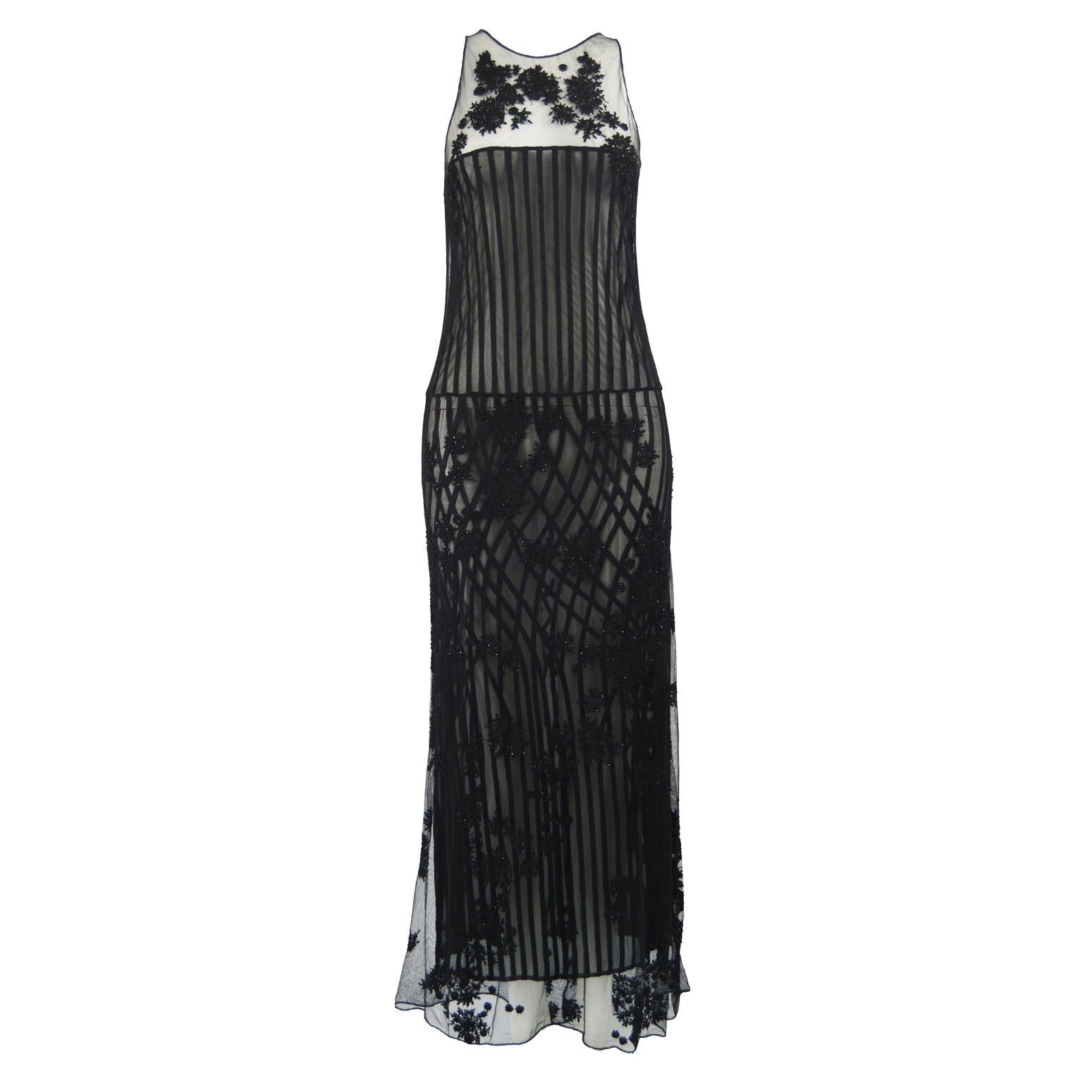 Loewe 1997 Vintage Sheer Embroidered & Beaded Silk Fine Tulle Evening Dress For Sale
