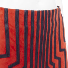 LOEWE 2016 Cyborg orange goat suede navy geometric inset applique skirt FR38 M