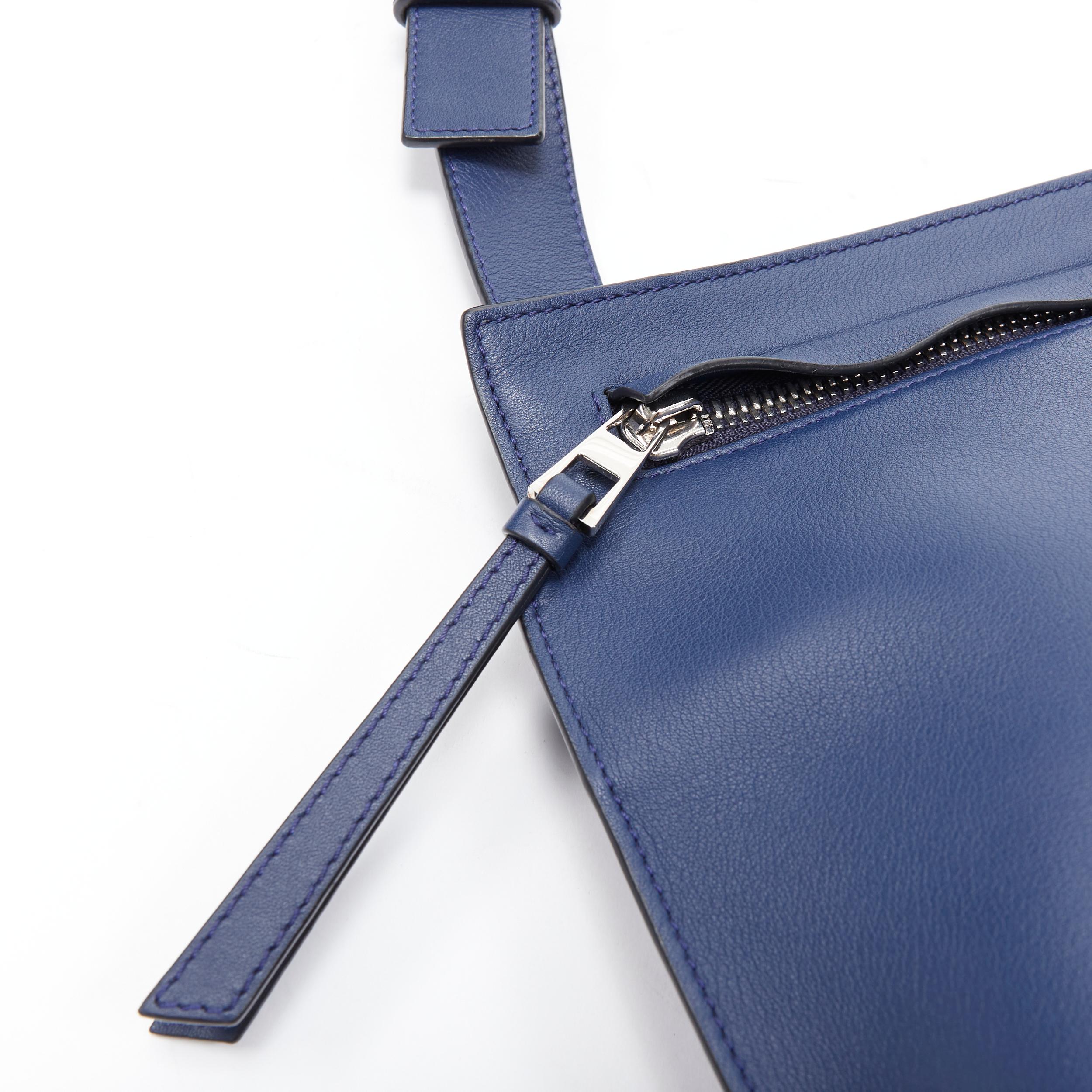 Women's LOEWE 2017 T Messenger navy blue leather logo emboss zip crossbody messenger bag For Sale