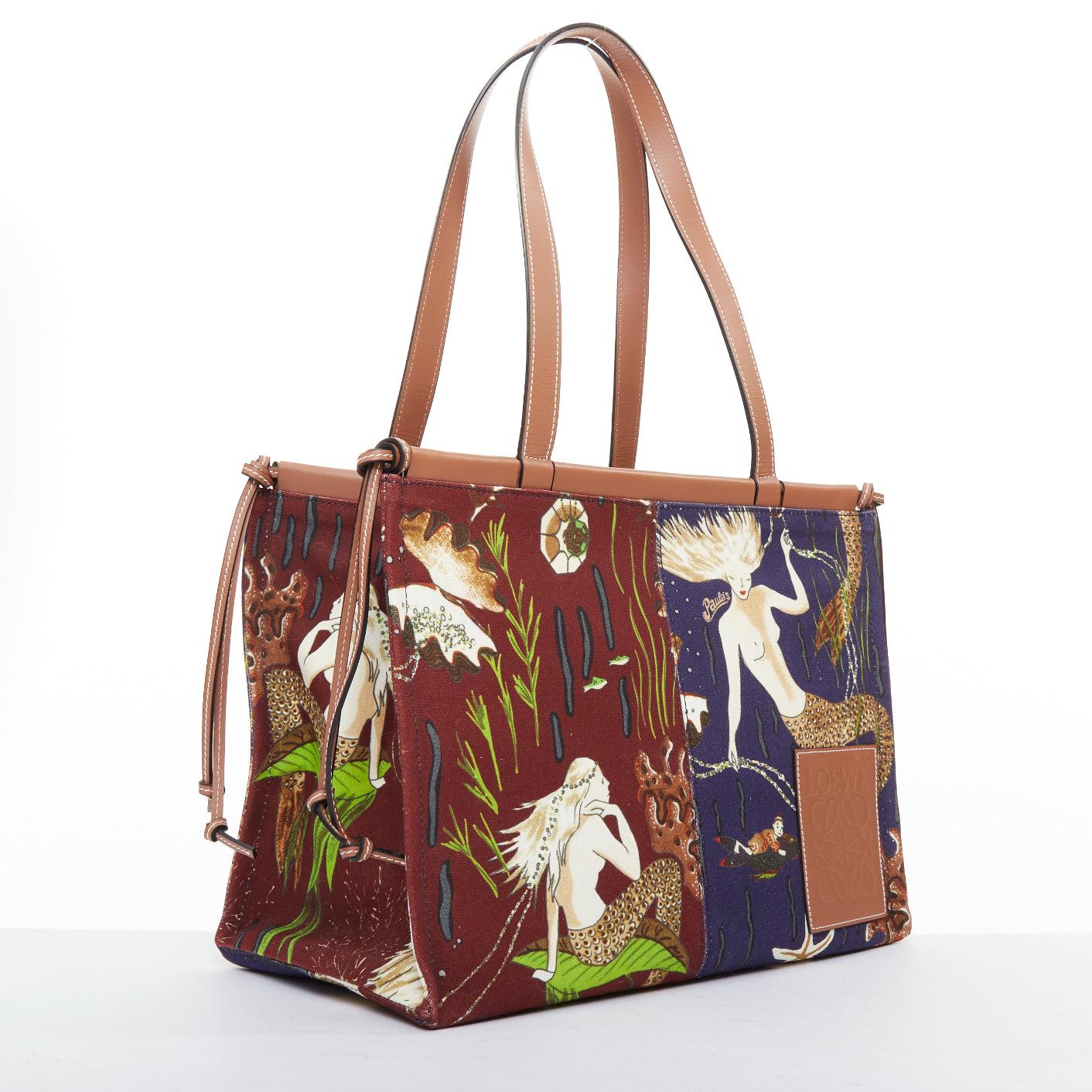 Marron LOEWE 2020 PAULA'S IBIZA Mermaid Medium Cushion Tote sac à bandoulière en toile imprimée en vente