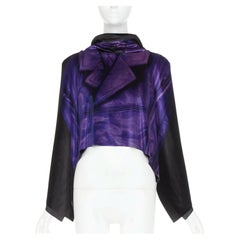 LOEWE 2022 Runway black purple Trompe Loeil print open draped back cape top FR36