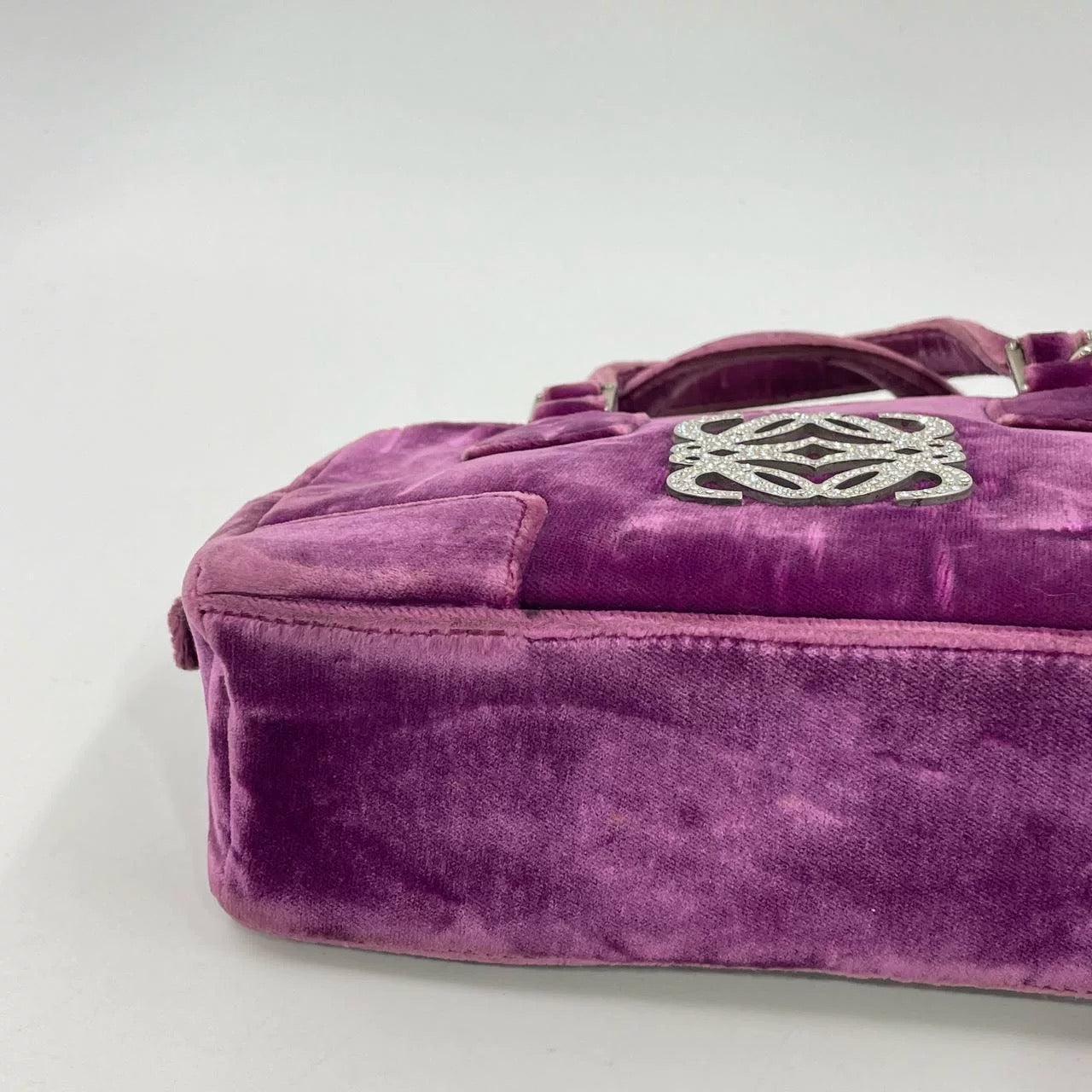 Loewe Amazona 19 Mini Handbag in Purple Velvet with Crystal Logo For Sale 14
