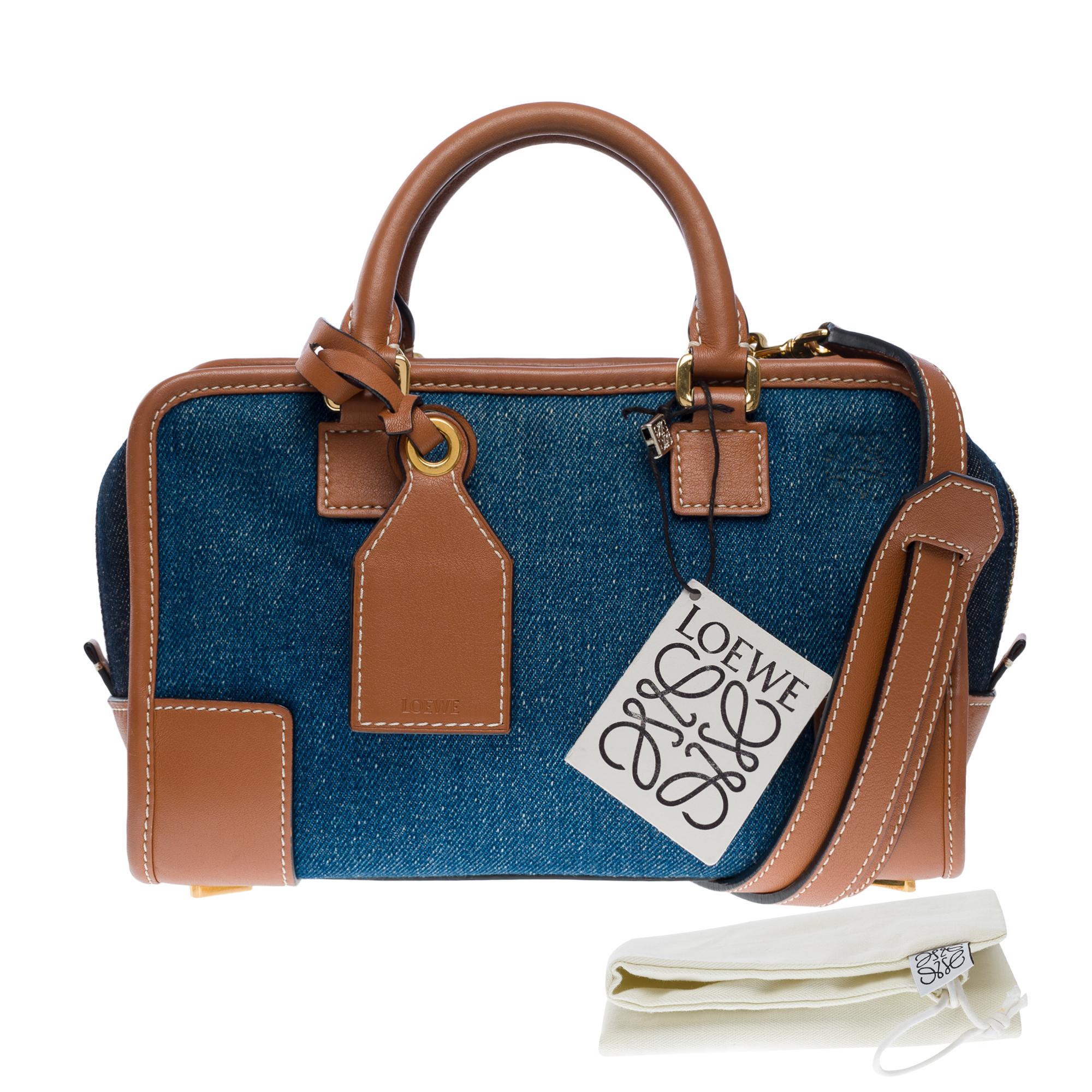 Amazing​ ​Loewe​ ​Amazona​ ​23​ ​2​ ​Way​ ​handbag​ ​strap​ ​in​ ​blue​ ​denim​ ​and​ ​brown​ ​calf​ ​leather,​ ​removable​ ​and​ ​adjustable​ ​brown​ ​leather​ ​shoulder​ ​strap,​ ​golden​ ​metal​ ​trim,​ ​double​ ​brown​ ​leather​ ​handle​ ​for​