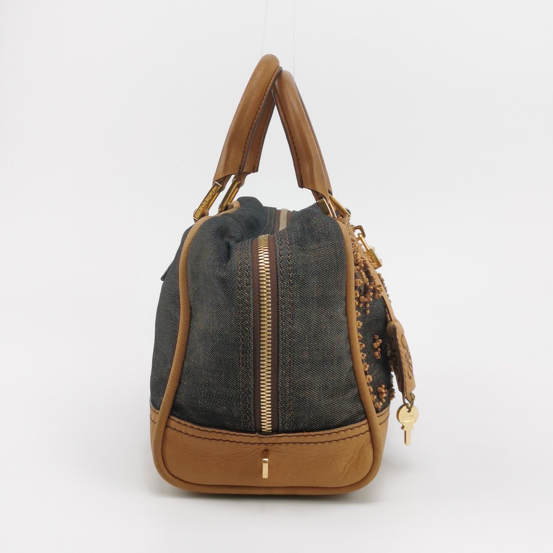 Women's Loewe Amazona 28 Denim Beaded Embroidery Brown Leather Handbag