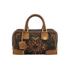 Loewe Amazona 28 Denim Broderie perlée Brown Sac à main en cuir