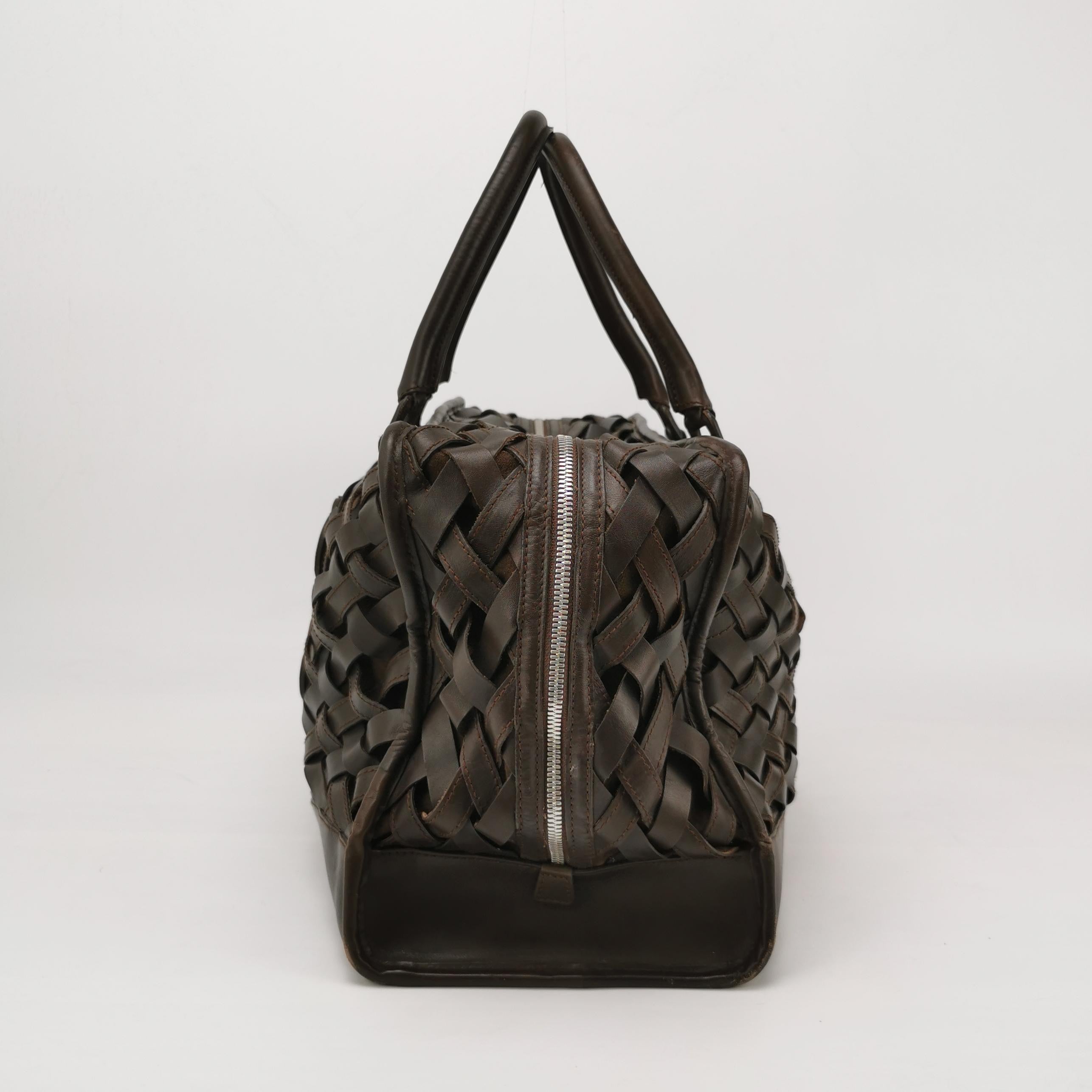 Black Loewe Amazona 44 in Brown Intrecciato Woven Calfskin Leather Travel Bag For Sale