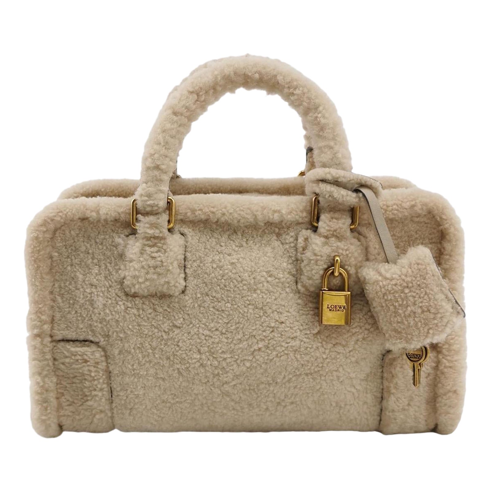 Loewe Amazona Small 29 White Shearling Gold Hardware Top Handle Bag