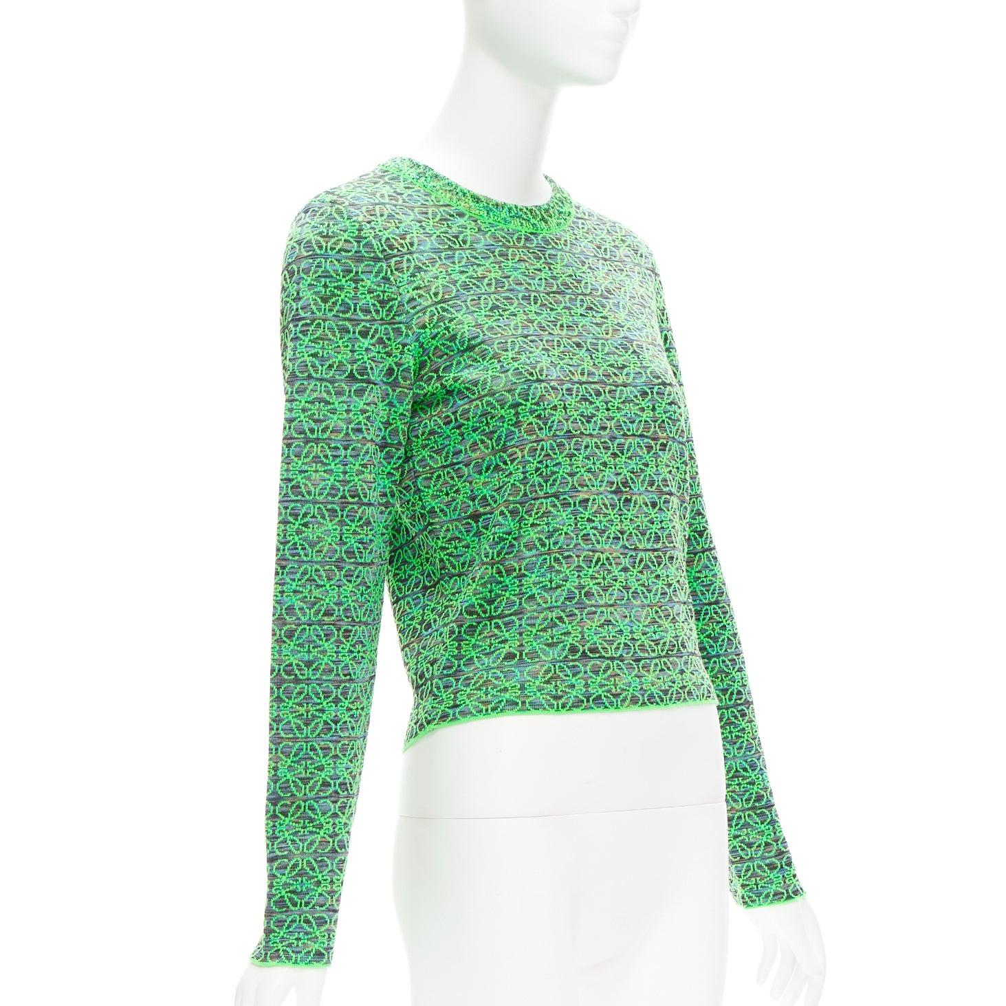 Green LOEWE Anagram neon green logo jacquard cropped sweater M For Sale
