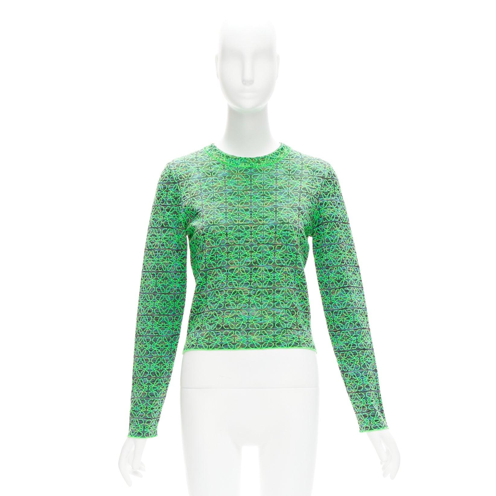 LOEWE Anagram neon green logo jacquard cropped sweater M For Sale 4
