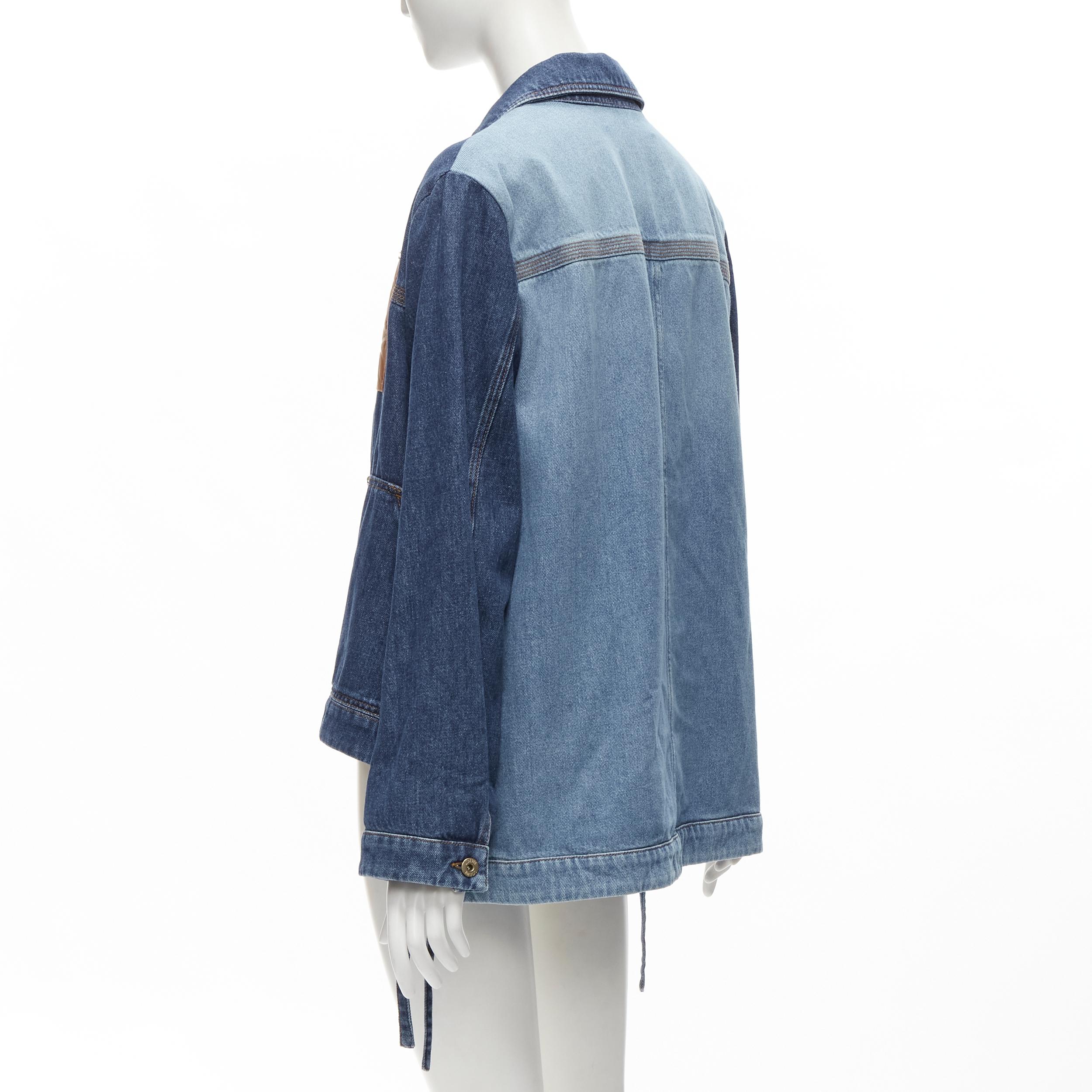 LOEWE Anagram patch leather pocket tie side high low denim jacket FR38 XS In Excellent Condition In Hong Kong, NT