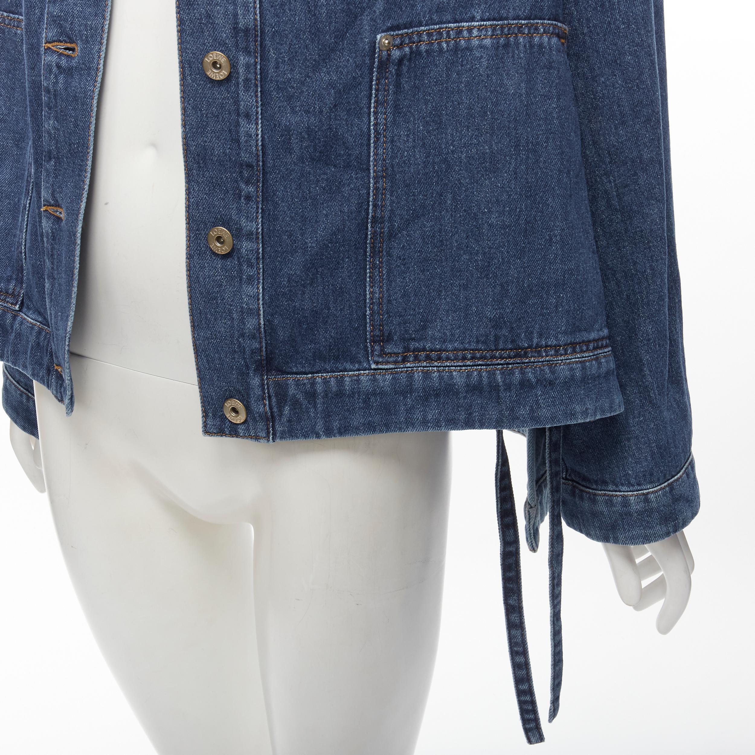 Women's LOEWE Anagram patch leather pocket tie side high low denim jacket FR38 XS