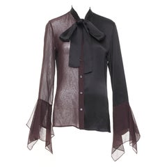 LOEWE asymmetric mixed media black sheer burgundy pussy bow blouse IT36