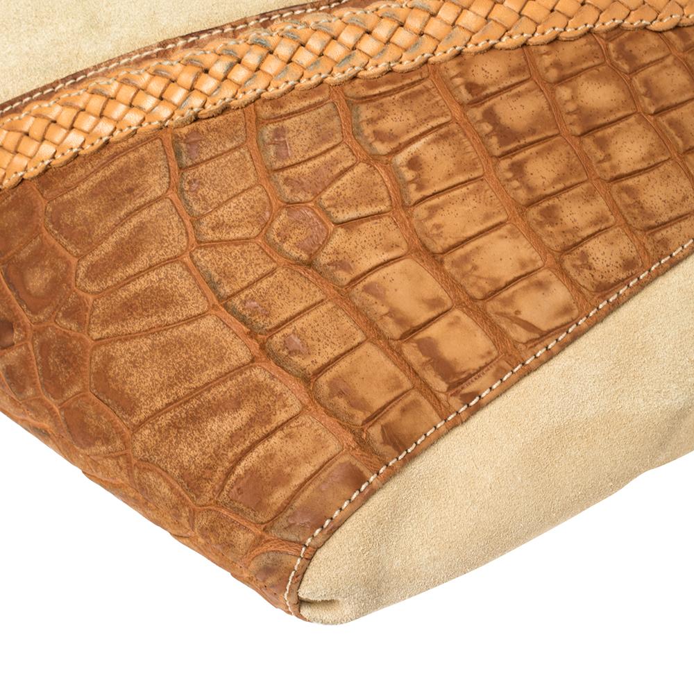 Loewe Beige/Brown Croc Embossed Nubuck/Leather and Suede Braided Drawstring Hobo 1