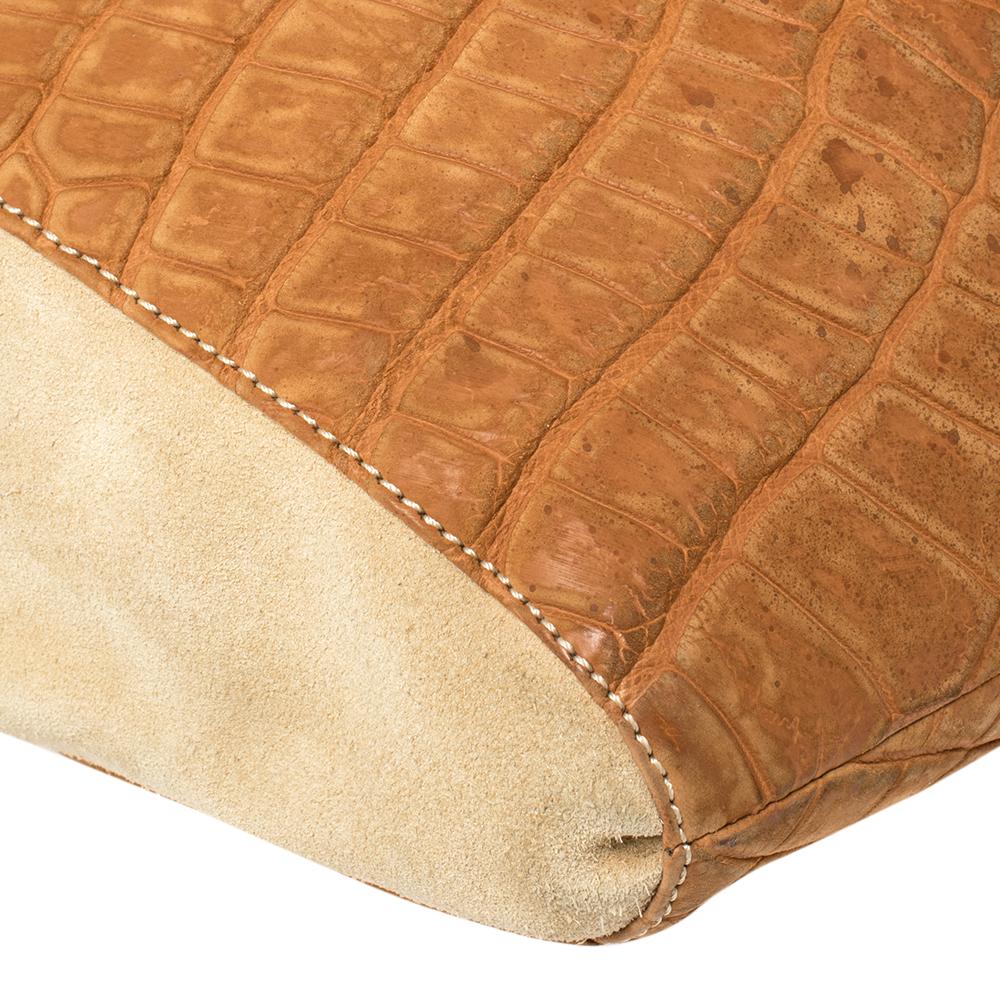 Loewe Beige/Brown Croc Embossed Nubuck/Leather and Suede Braided Drawstring Hobo 2