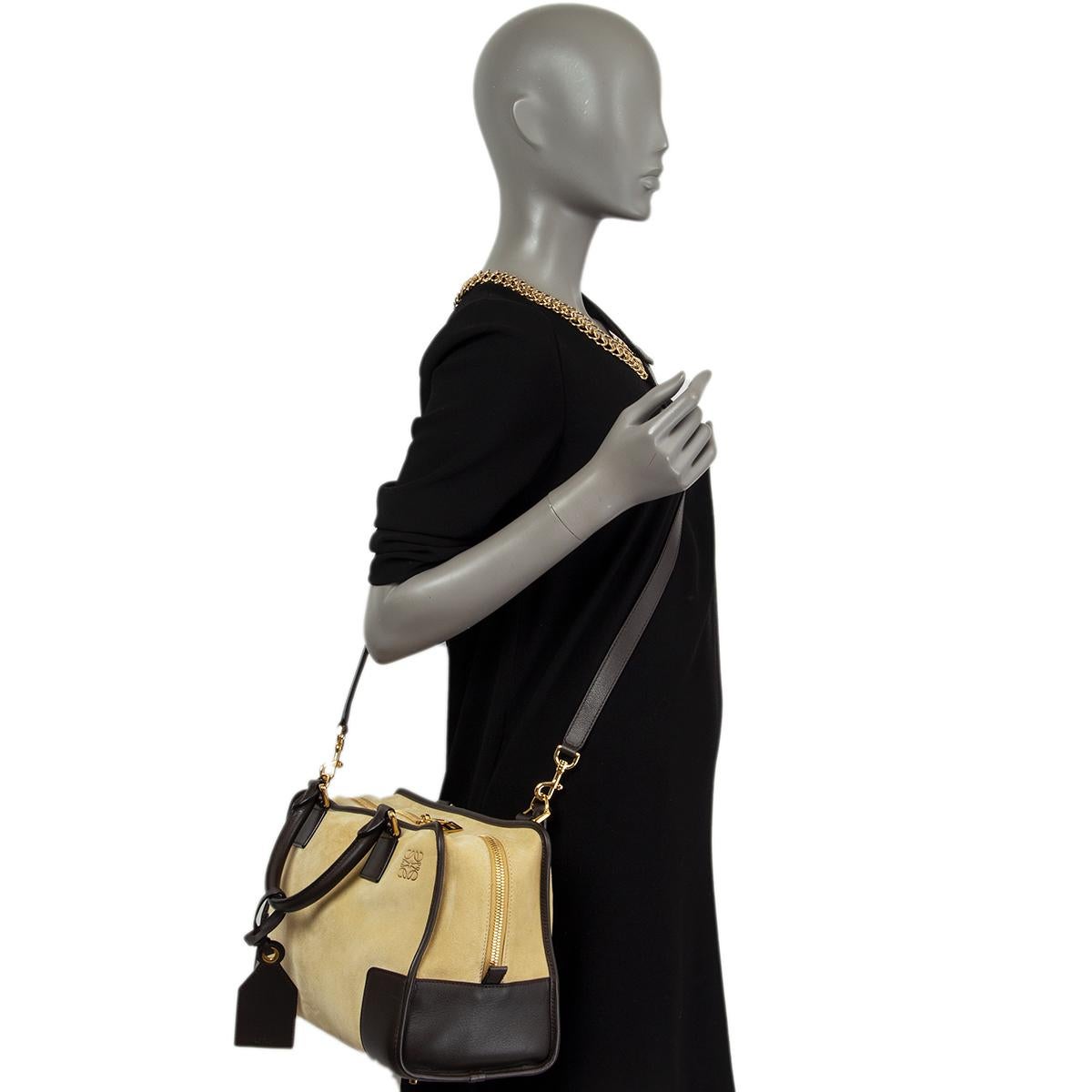 Women's LOEWE beige suede & dark brown leather AMAZONA 36 Shoulder Bag