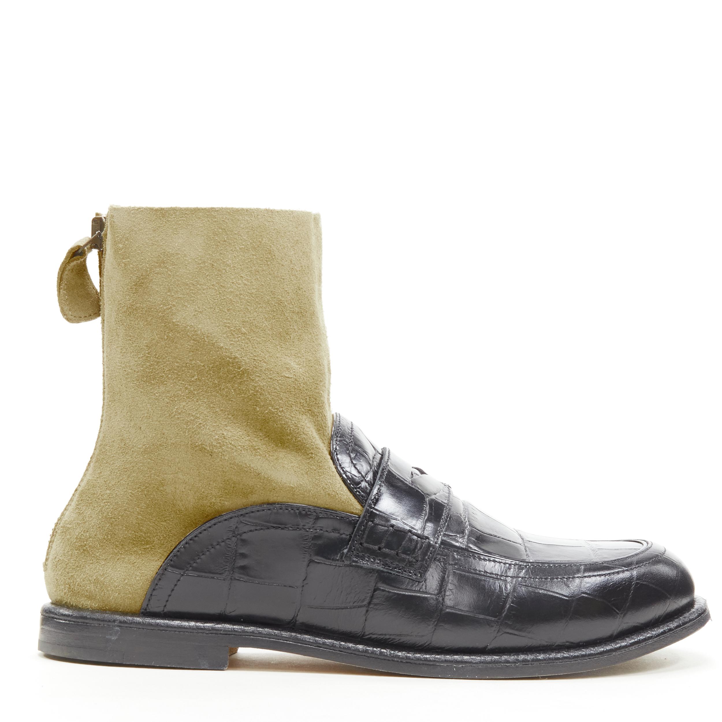 LOEWE black black croc embossed leather brown suede sock loafer boot EU36 
Reference: ANWU/A00373 
Brand: Loewe 
Designer: JW Anderson 
Material: Leather 
Color: Black 
Pattern: Solid 
Closure: Zip 
Extra Detail: Zip back closure. 
Made in: Italy