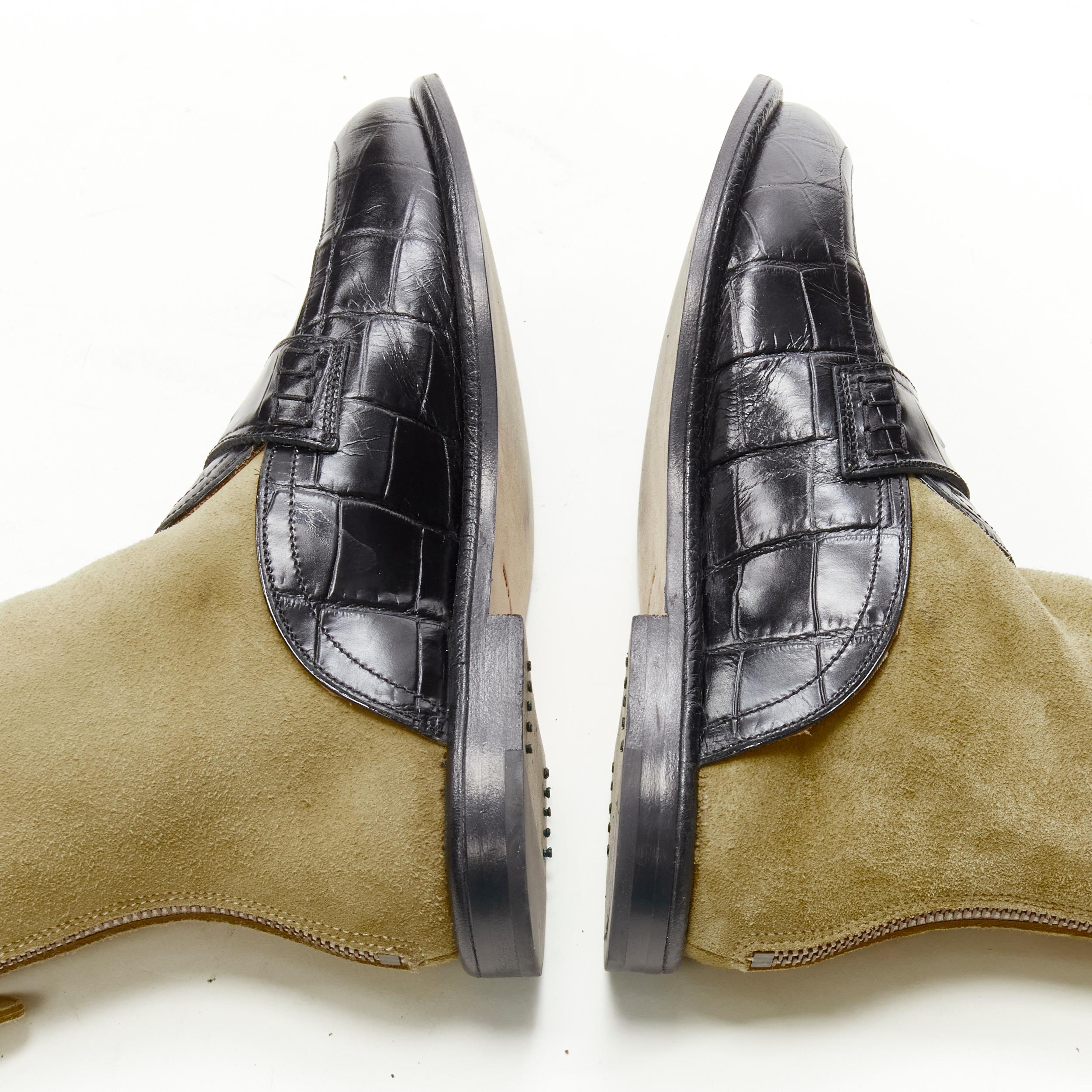 LOEWE black black croc embossed leather brown suede sock loafer boot EU36 For Sale 1