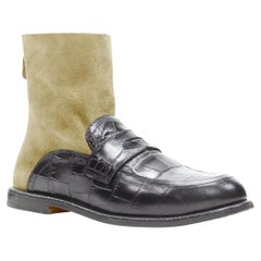 LOEWE black black croc embossed leather brown suede sock loafer boot EU36