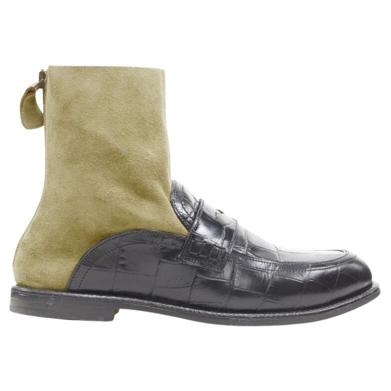 LOEWE black black scaled leather embossed brown suede sock loafer boot EU36 For Sale