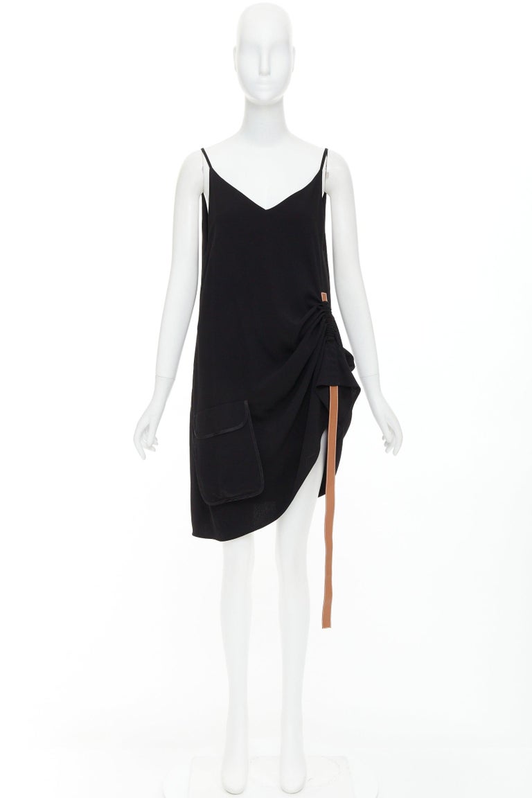 LOEWE black crepe brown anagram leather gathered side dress XS For Sale at  1stDibs