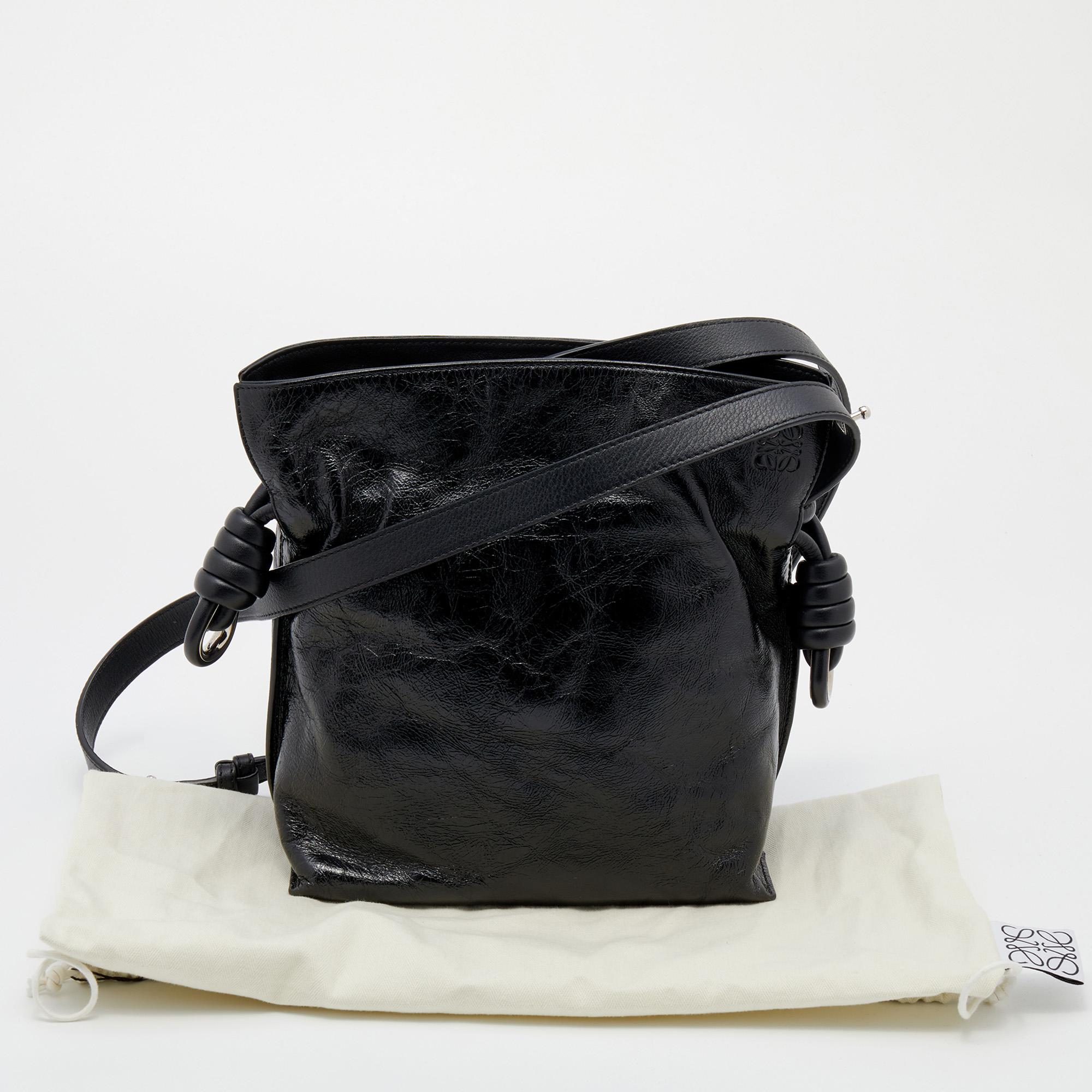 Loewe Black Crinkled Glossed Leather Flamenco Knot Shoulder Bag 6