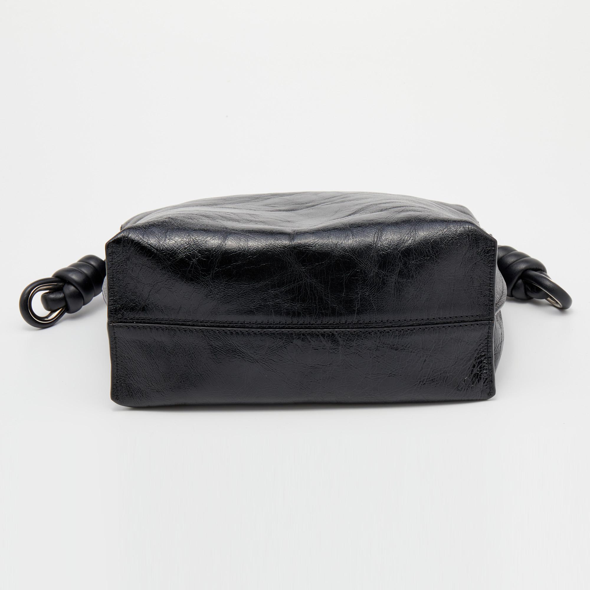 Women's Loewe Black Crinkled Glossed Leather Flamenco Knot Shoulder Bag