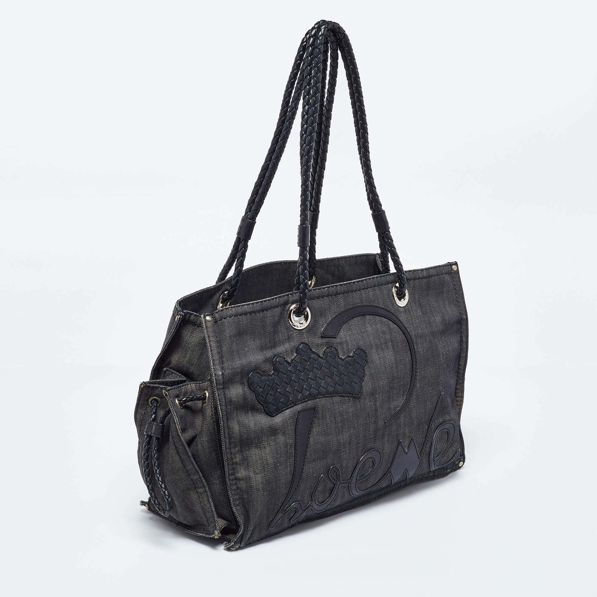 Loewe Black Denim and Leather Logo Shopper Tote In Good Condition For Sale In Dubai, Al Qouz 2
