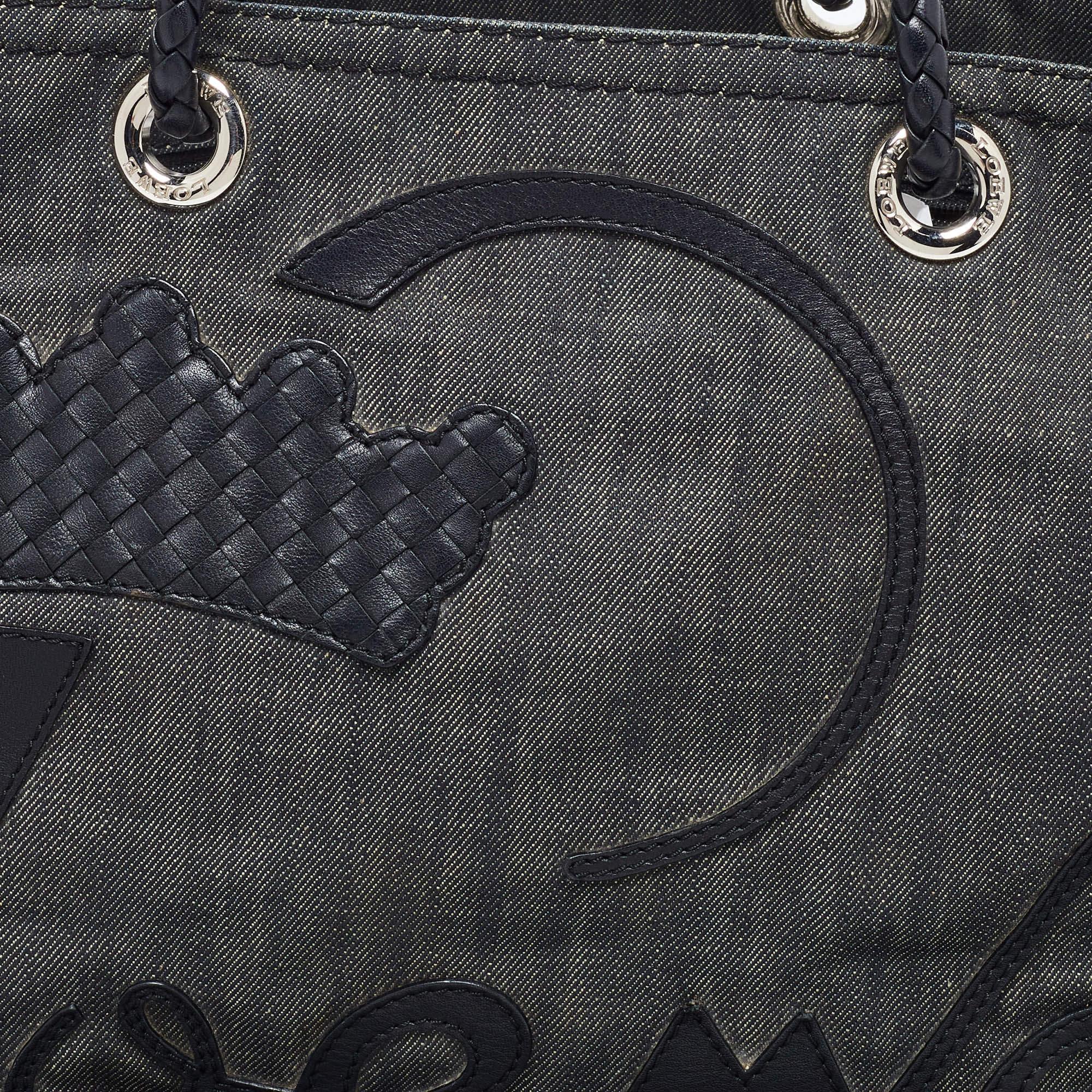 Loewe Black Denim and Leather Logo Shopper Tote For Sale 1