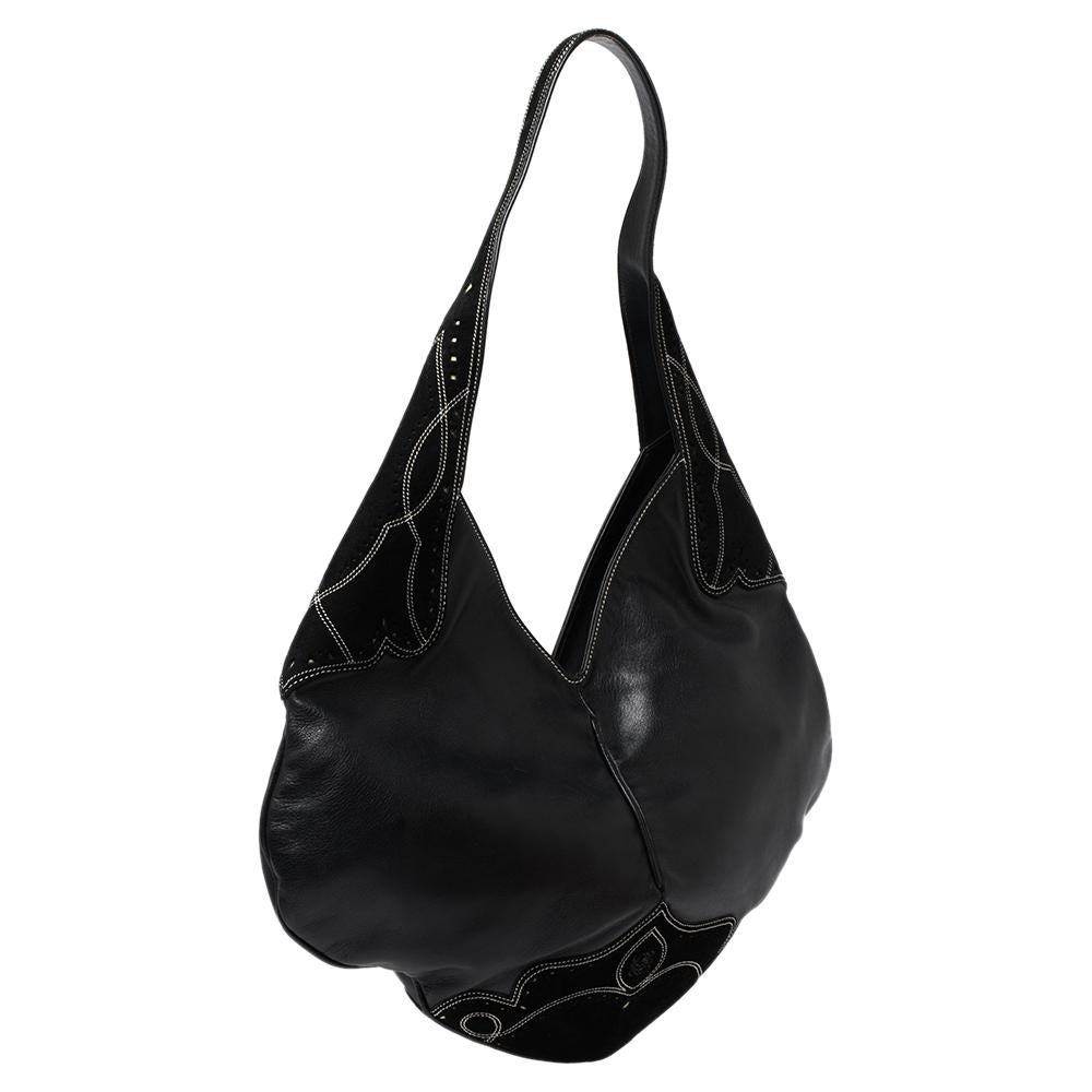 Women's Loewe Black Leather and Suede Laser Cut V Hobo