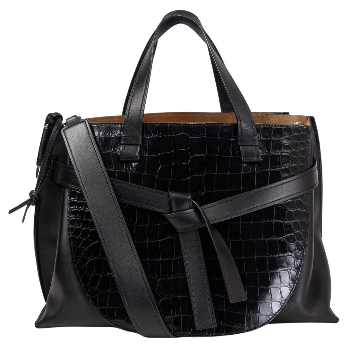 LOEWE black leather & CROCODILE GATE TOP HANDLE Tote Bag For Sale