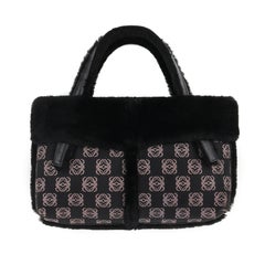 LOEWE Black & Mauve Logo Print Lambskin Shearling Leather Tote Top Handle Bag
