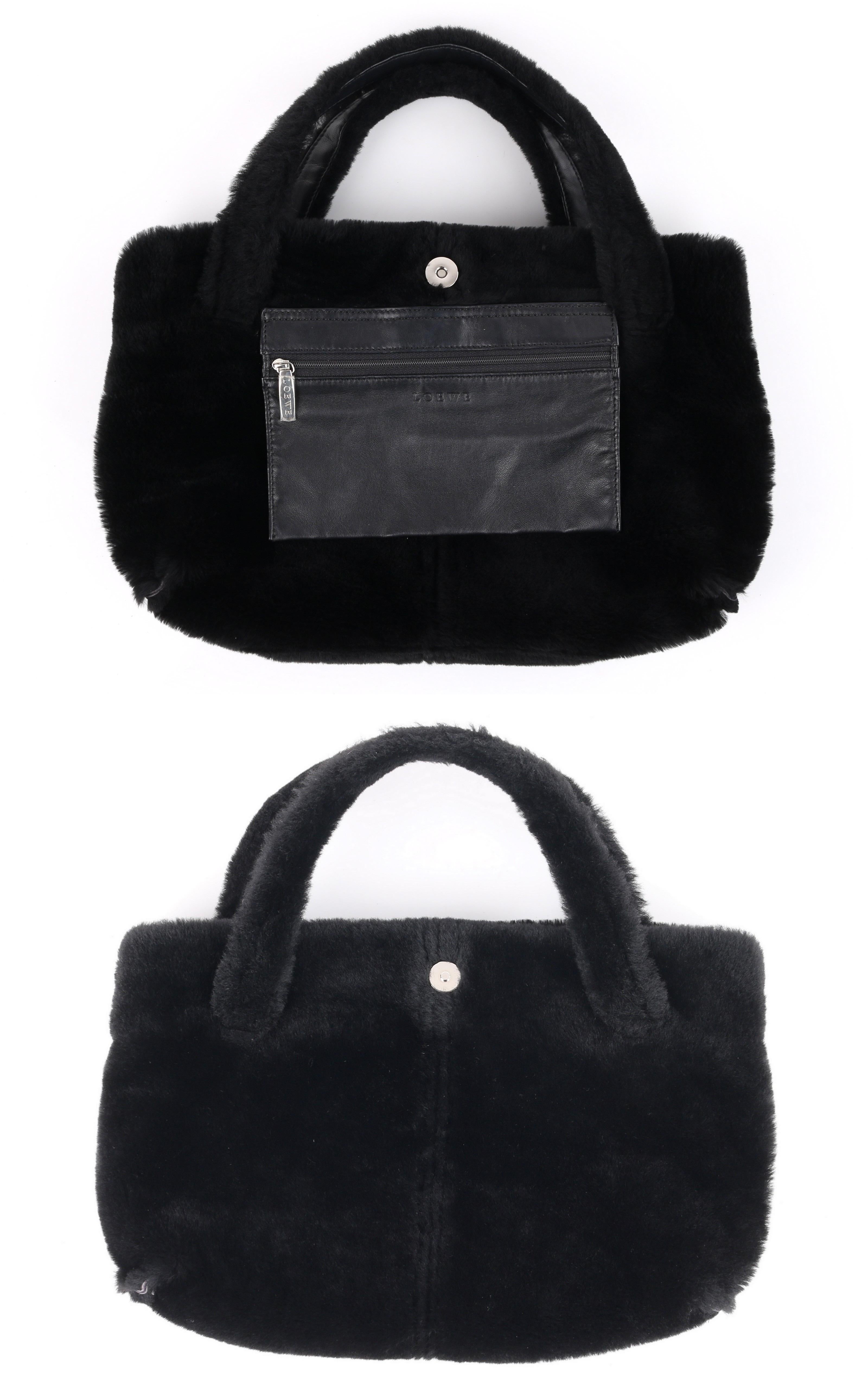 Women's LOEWE Black & Mauve Logo Print Lambskin Shearling Leather Tote Top Handle Bag 