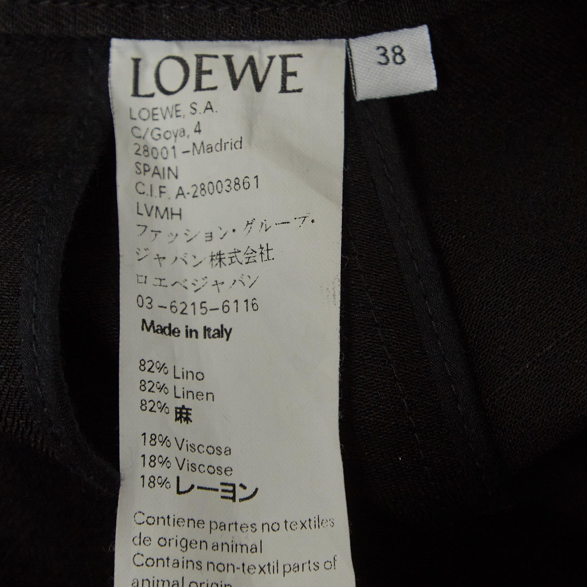 Women's Loewe Black Raw Edge Linen Blend Button Detail Asymmetric Midi Skirt S