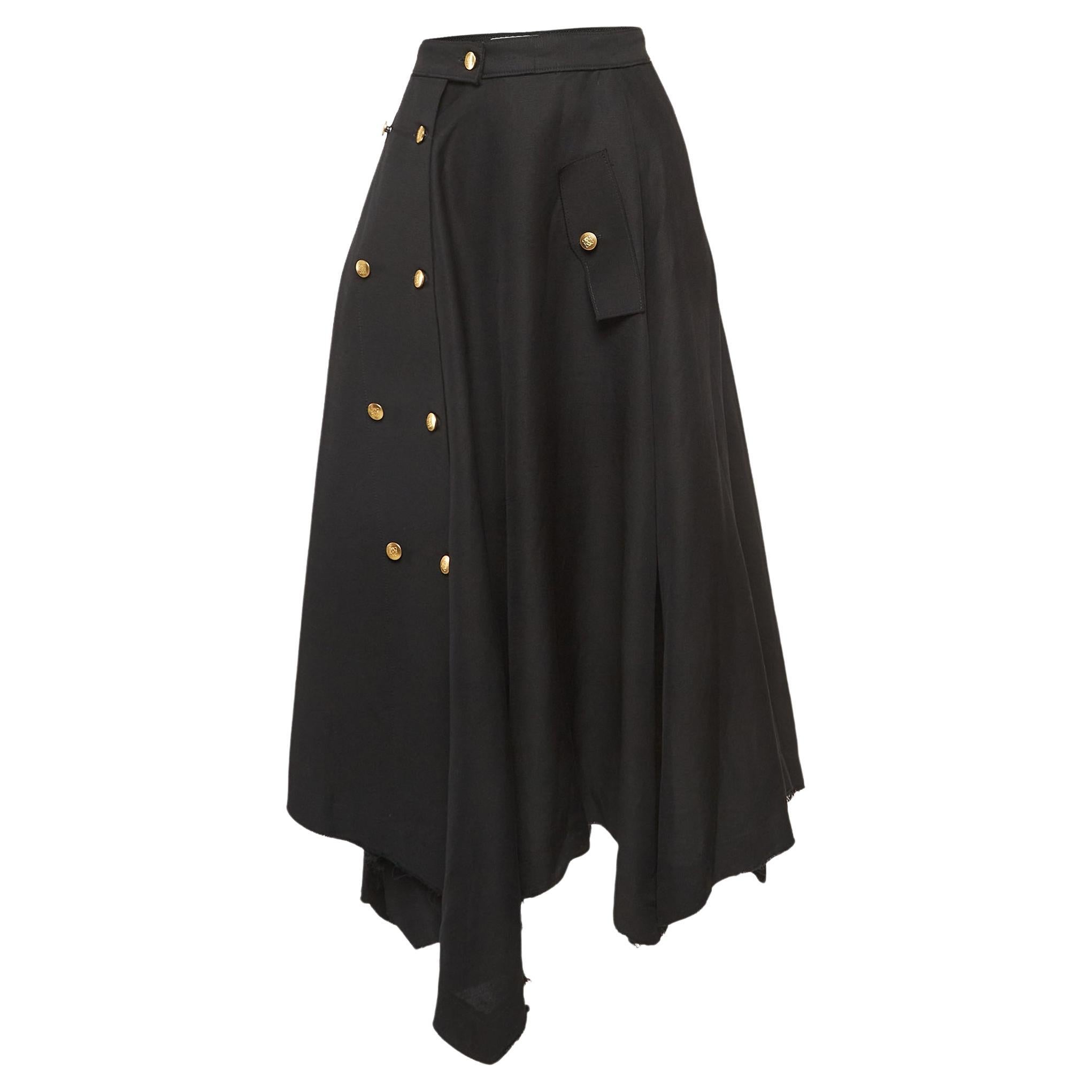 Loewe Black Raw Edge Linen Blend Button Detail Asymmetric Midi Skirt S For Sale
