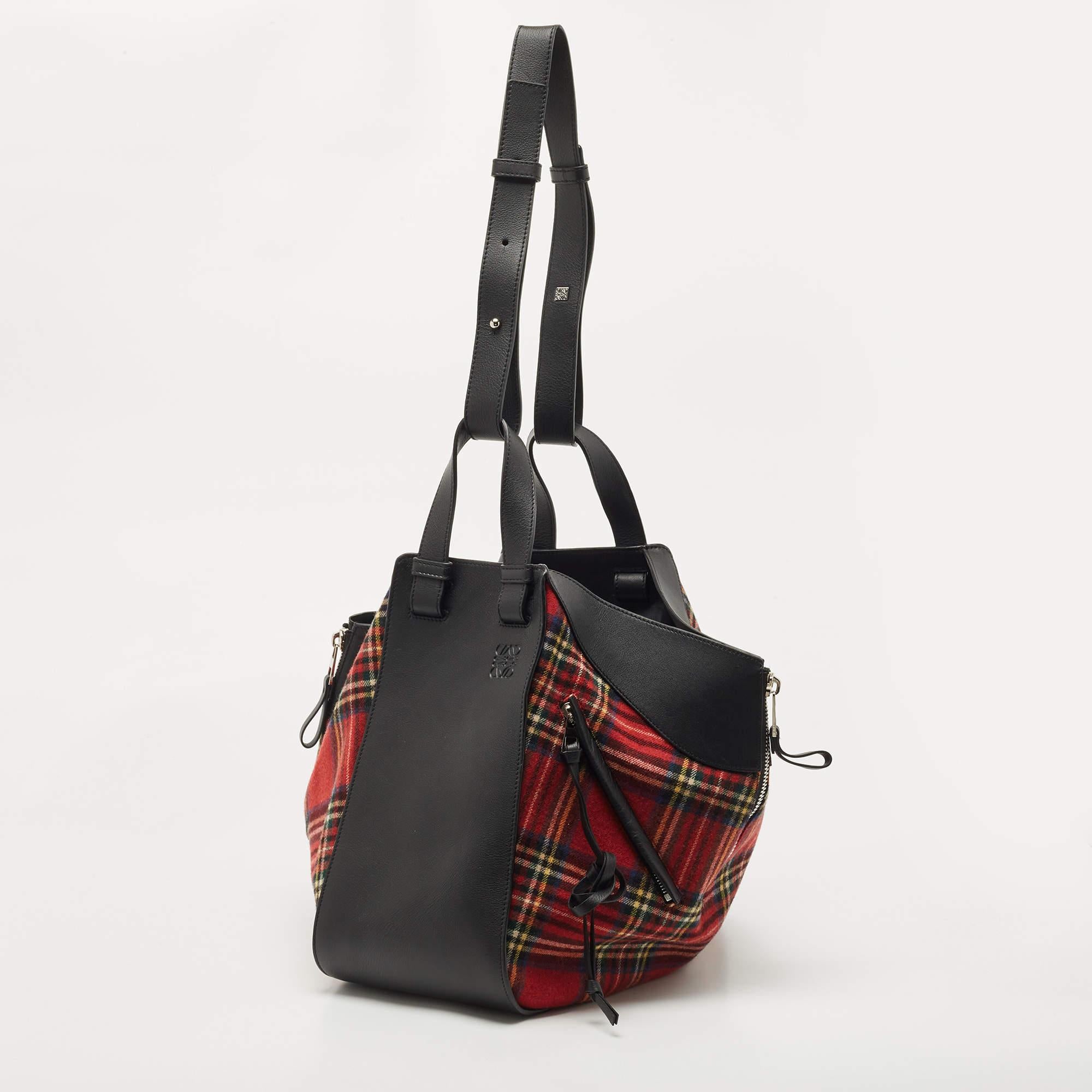 Women's Loewe Black/Red Tartan Wool and Leather Medium Hammock Shoulder Bag
