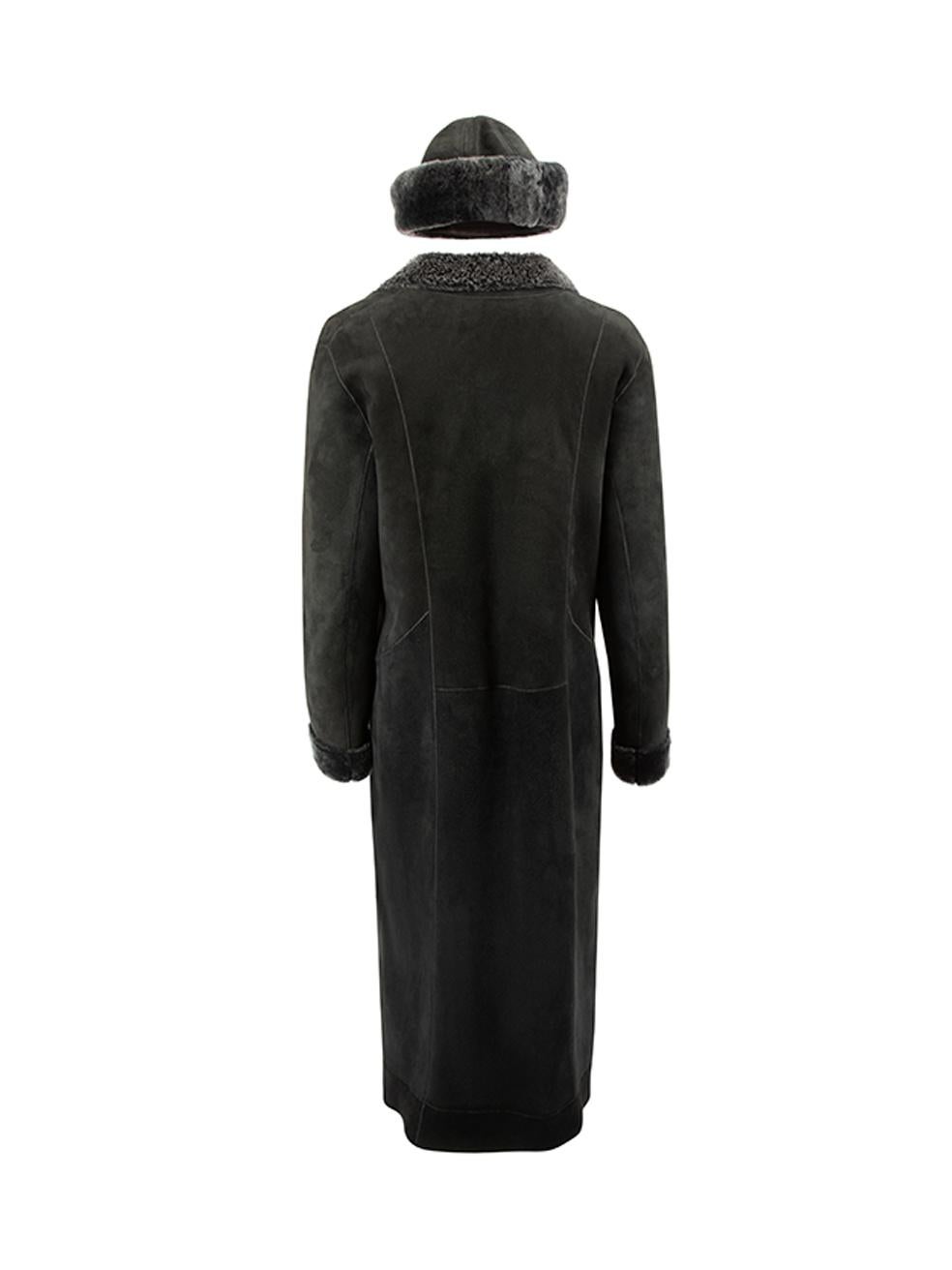 Loewe Black Sheepskin Shearling Lined Vintage Coat & Hat Set Size XXL In Excellent Condition In London, GB