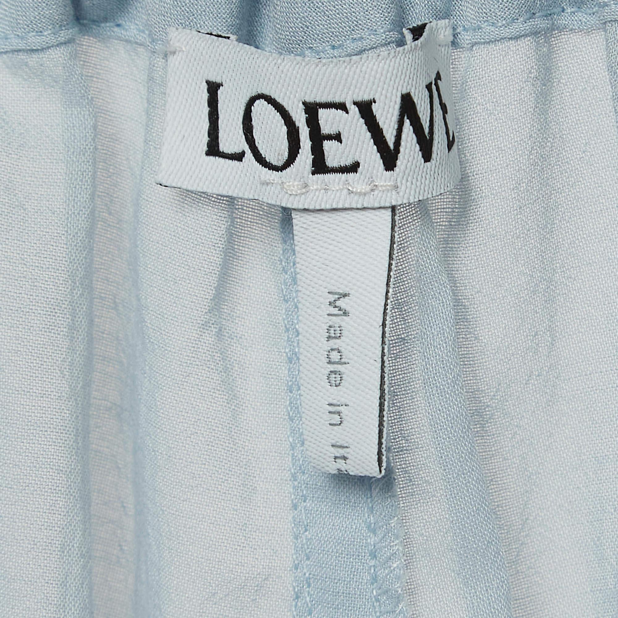 Loewe Blue Cotton Blend Smocked Detail Tie-Up Neck Mini Dress S In New Condition For Sale In Dubai, Al Qouz 2