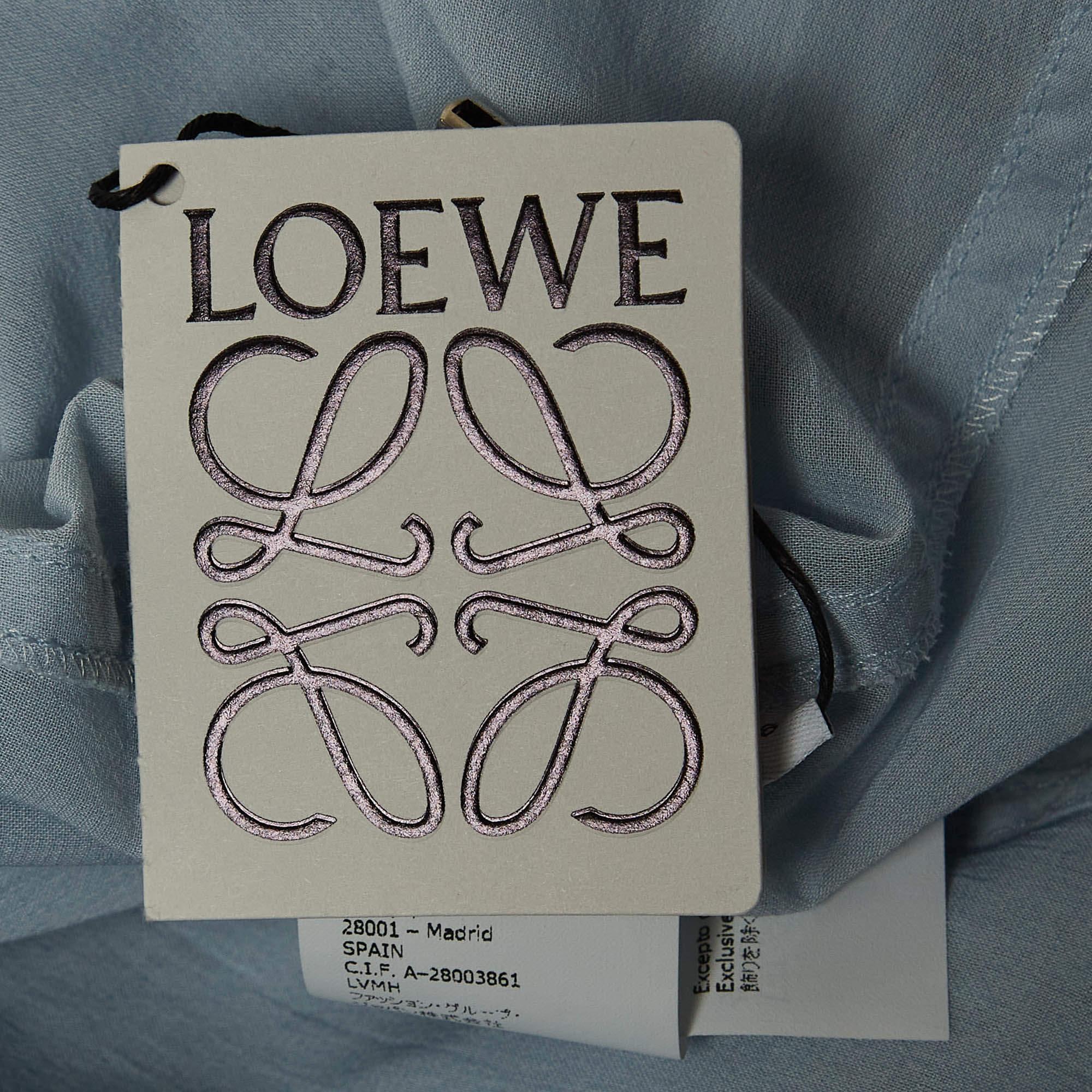 Loewe Blue Cotton Blend Smocked Detail Tie-Up Neck Mini Dress S For Sale 1