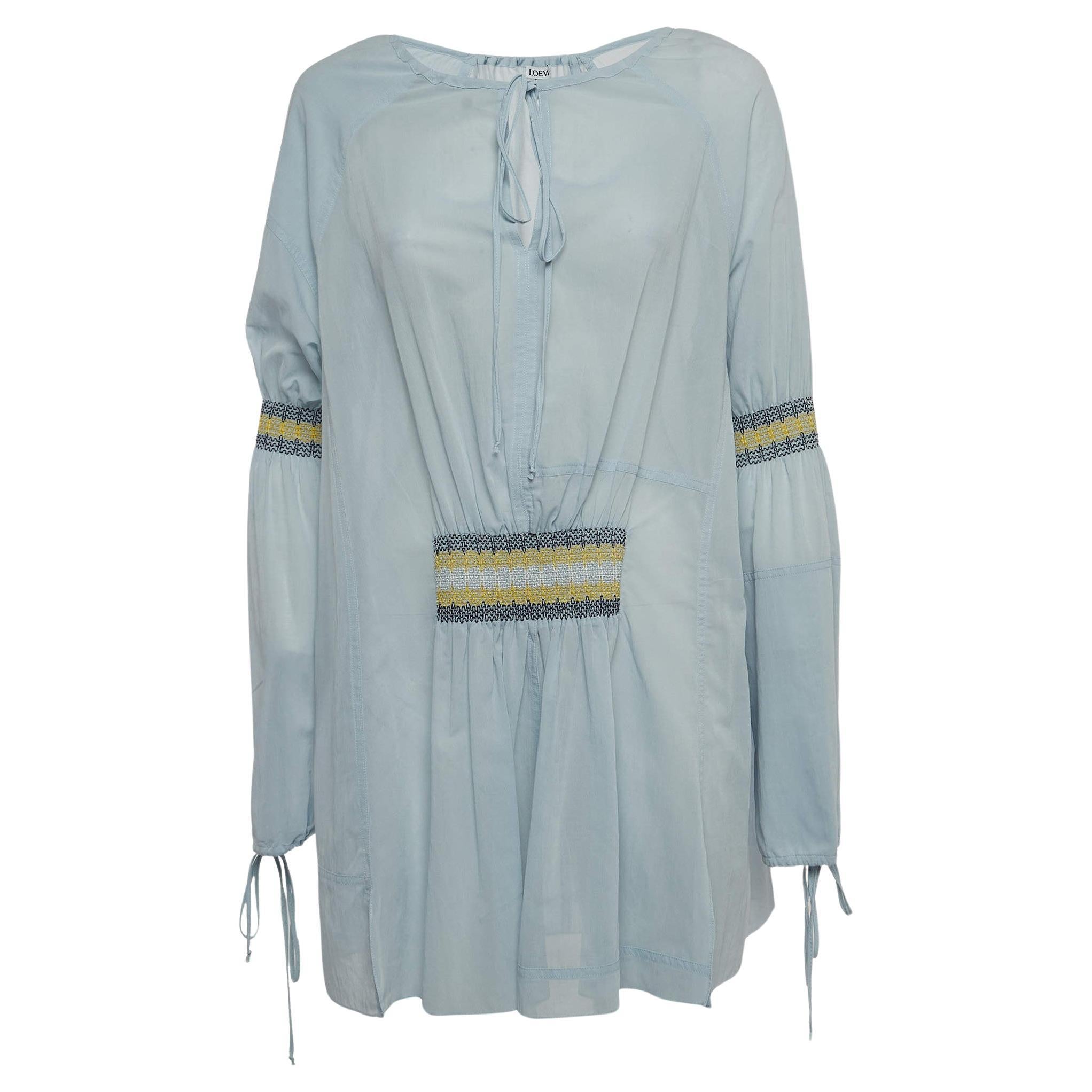 Loewe Blue Cotton Blend Smocked Detail Tie-Up Neck Mini Dress S