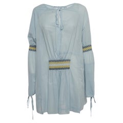 Loewe Blau Baumwollmischung Gesmokte Detail Krawatte-Up Hals Mini Kleid S