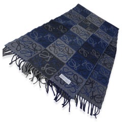 Loewe Blue Grey Wool Cashmere Double Face Anagram Fringe Scarf (écharpe à franges)