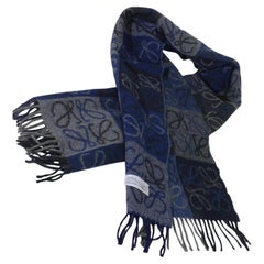 Loewe Blue Grey Wool Cashmere Double Face Anagram Fringe Scarf (écharpe à franges)