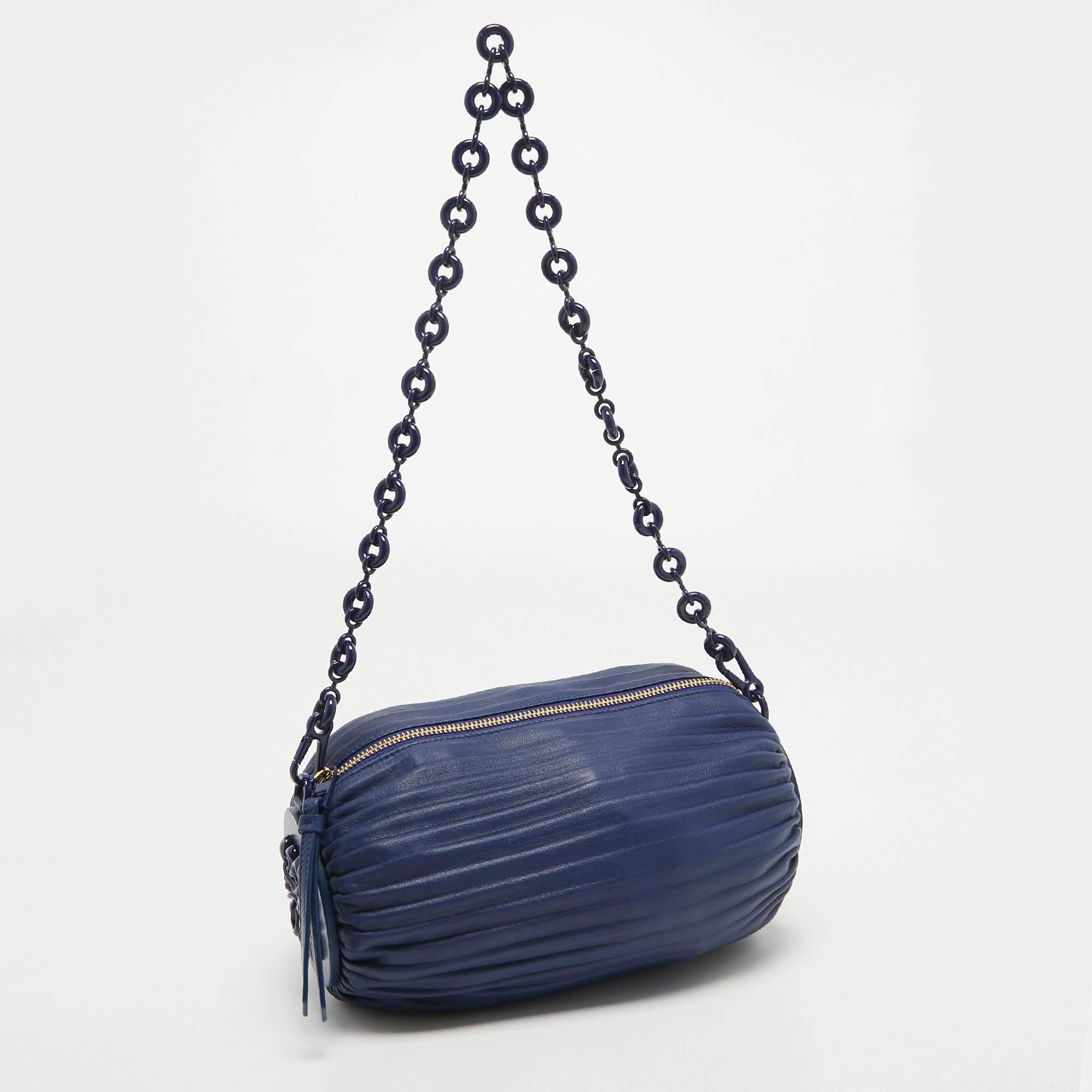 Loewe Blue Leather Pleated Bracelet Pouch Bag For Sale 3