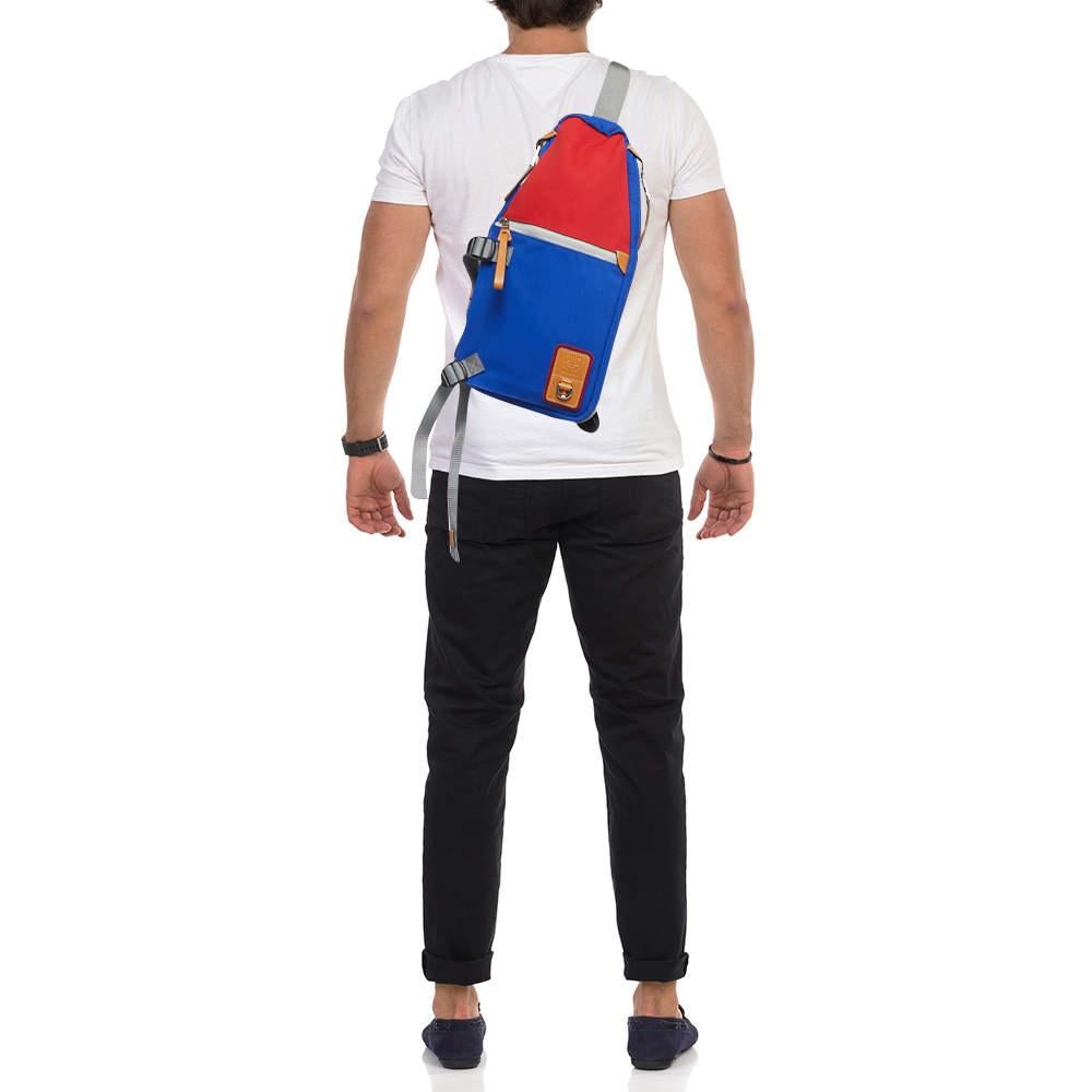 Loewe Blue/Red Canvas Color-Block Sling Backpack In New Condition In Dubai, Al Qouz 2