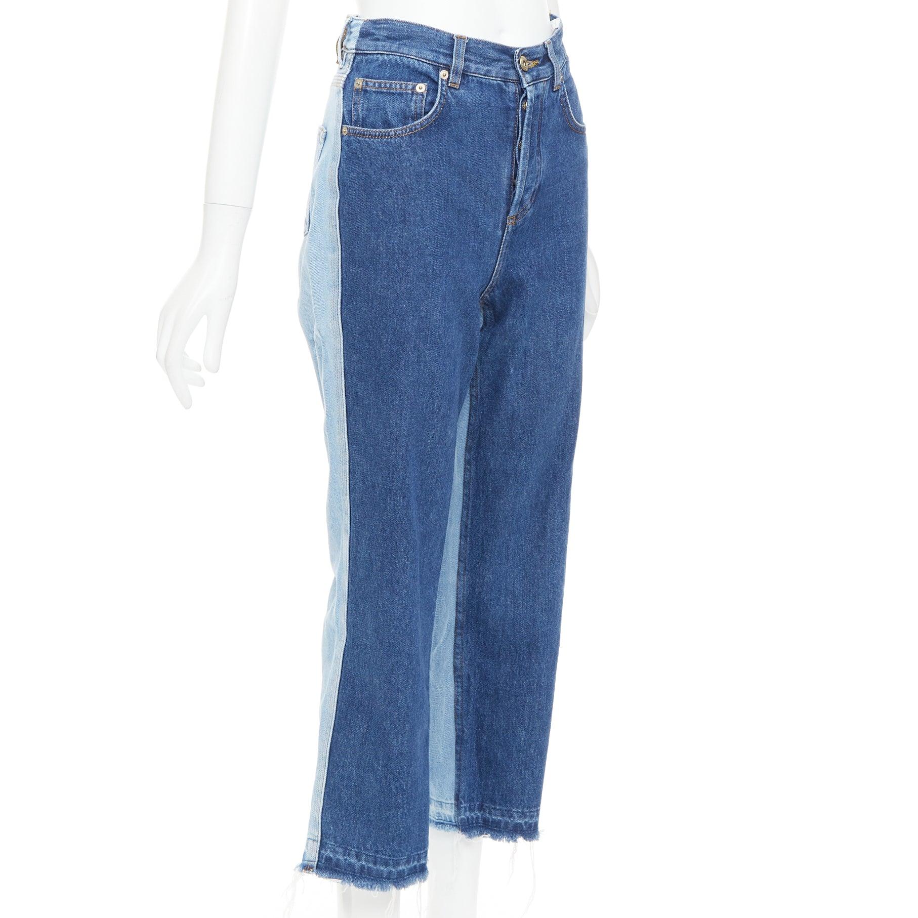 LOEWE blue washed frayed edge mismatch patchwork cropped jeans FR34 XS Bon état - En vente à Hong Kong, NT