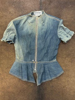 Loewe Blue Zip-Up Denim Peplum Jacket with Detachable Sleeves and Panel