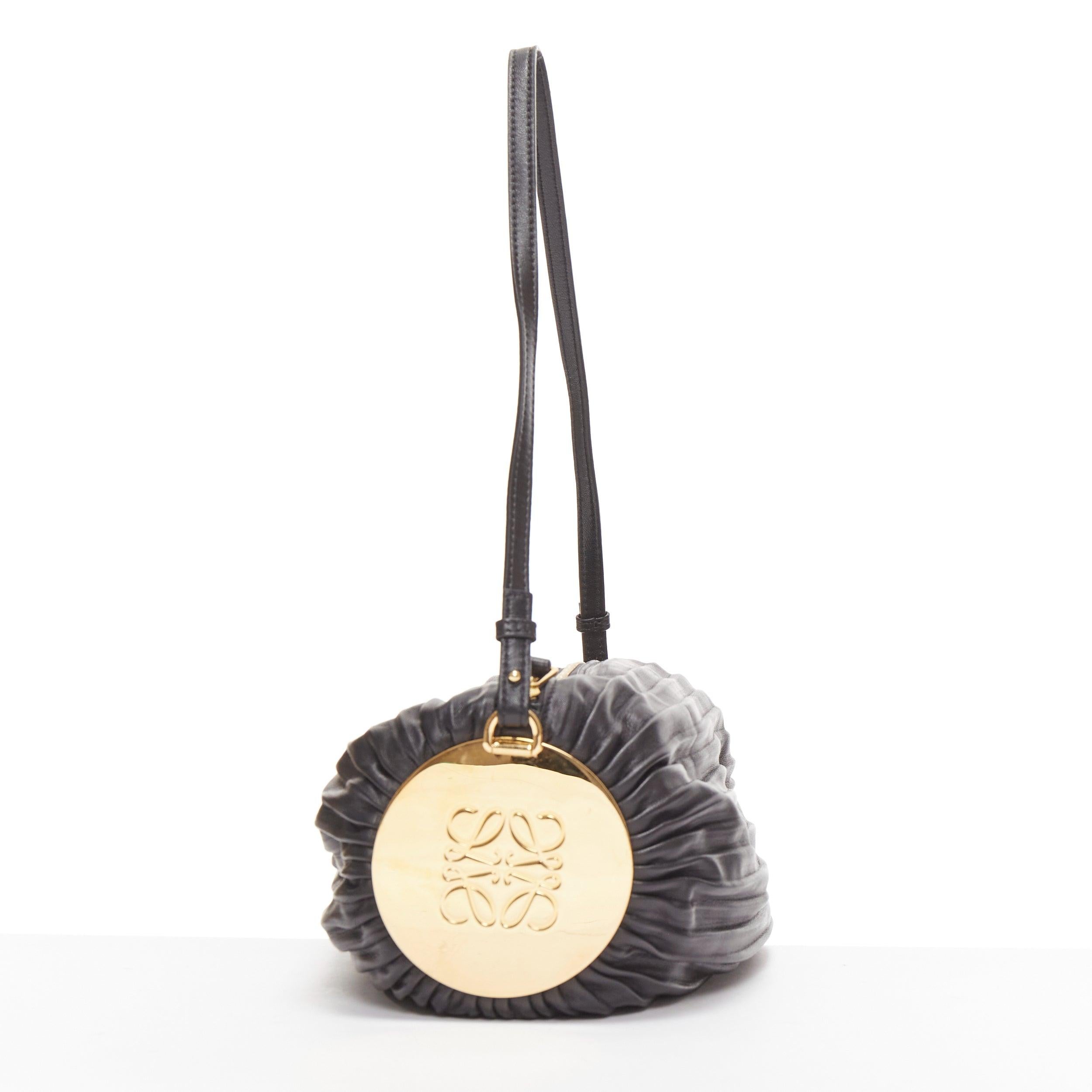 Women's LOEWE Bracelet Pouch black pleated leather gold anagram logo wrist shoulder bag For Sale